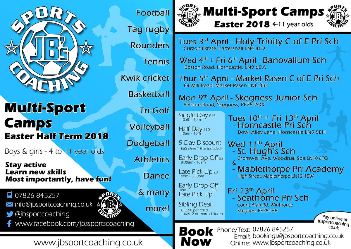 EASTER HOLIDAY CAMPS!!!!!
We are looking forward to two full weeks of sport during the holidays in the following locations 

🐣Tattershall
🐣Horncastle
🐣Woodhall
🐣Skegness 
🐣Mablethorpe
🐣Market Rasen

Book now to secure your space and keep children active during the holidays
