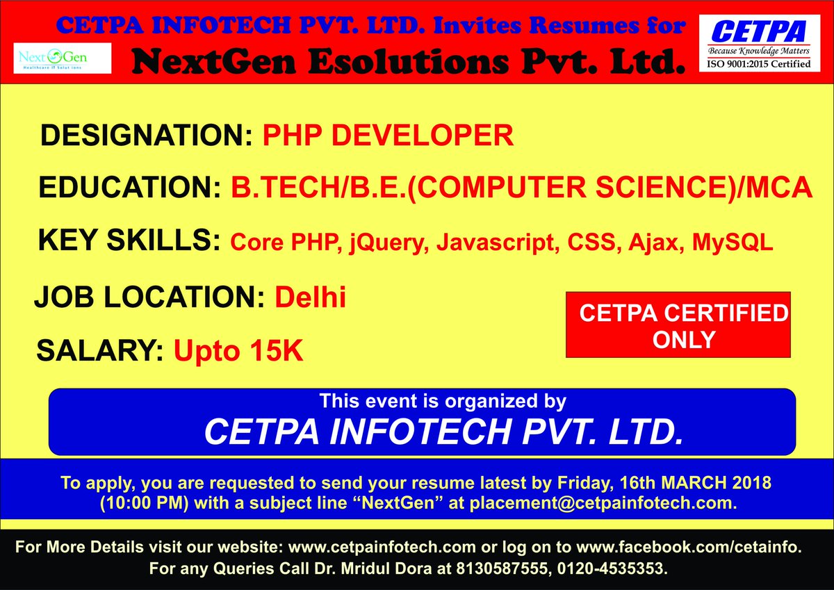 cetpainfo's tweet image. Excellent opportunity for #CETPA certified students.
Company: NextGen Esolutions PVT LTD
Profile: PHP Developer
More information:- cetpainfotech.com/jobportal

#PHPEngineer #phpDeveloper#jobopportunities #placement #Careers #Jobs
