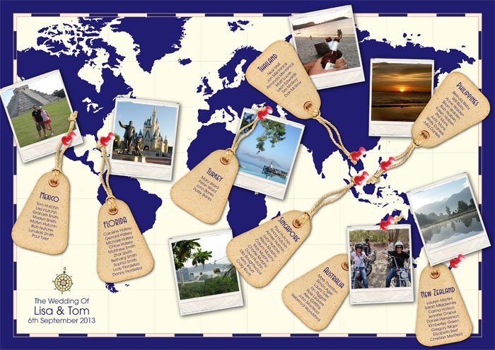 Our World Map / Travel wedding table plan is the perfect accompaniment to your wedding breakfast. Personalised design, your own images and destinations highlighted, and a great moment to hang on your wall!
#wedding #tableplan #travel #worldmap #design #brideandgroom 👌🕶️👣🍾