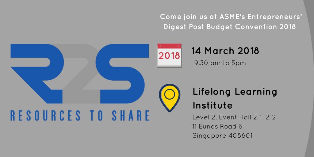 resources2share's tweet photo. Catch our founder, Mr Arun Murthy, as he shares about fostering partnerships and creating shared value through collaborative resourcing at @ASMESG Entrepreneurs' Digest Post Budget Convention 2018 tomorrow! https://t.co/xjpA3fhA8V