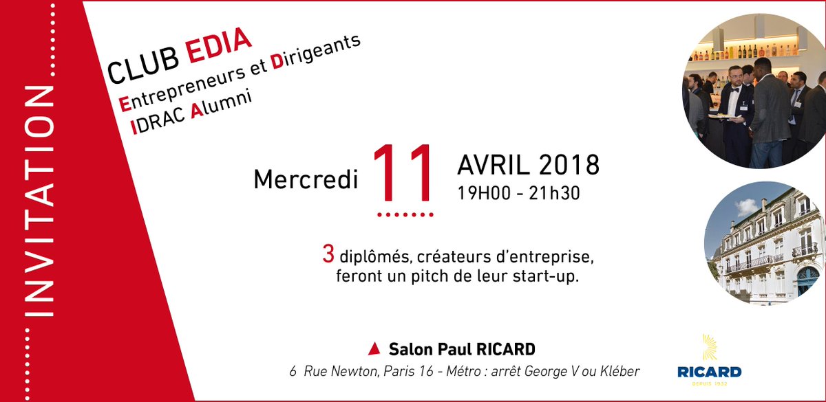 #ClubEDIA #Paris : prochain RDV des #Entrepreneurs et #Dirigeants mercredi 11 avril à 19h au Salon Paul Ricard ! Au programme, 3 #diplômés feront un pitch de leur #startup  ➡️ goo.gl/re9uF6