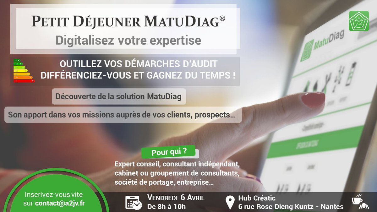 MatuDiag's tweet photo. Quoi de mieux pour un 1er tweet que de vous inviter à un #PetitDej le 6 avril prochain à #Nantes pour découvrir notre #solution @MatuDiag dans une ambiance conviviale !
#diagnostic #maturité #conseil #expertise #consulting https://t.co/mKbWJMMPm6