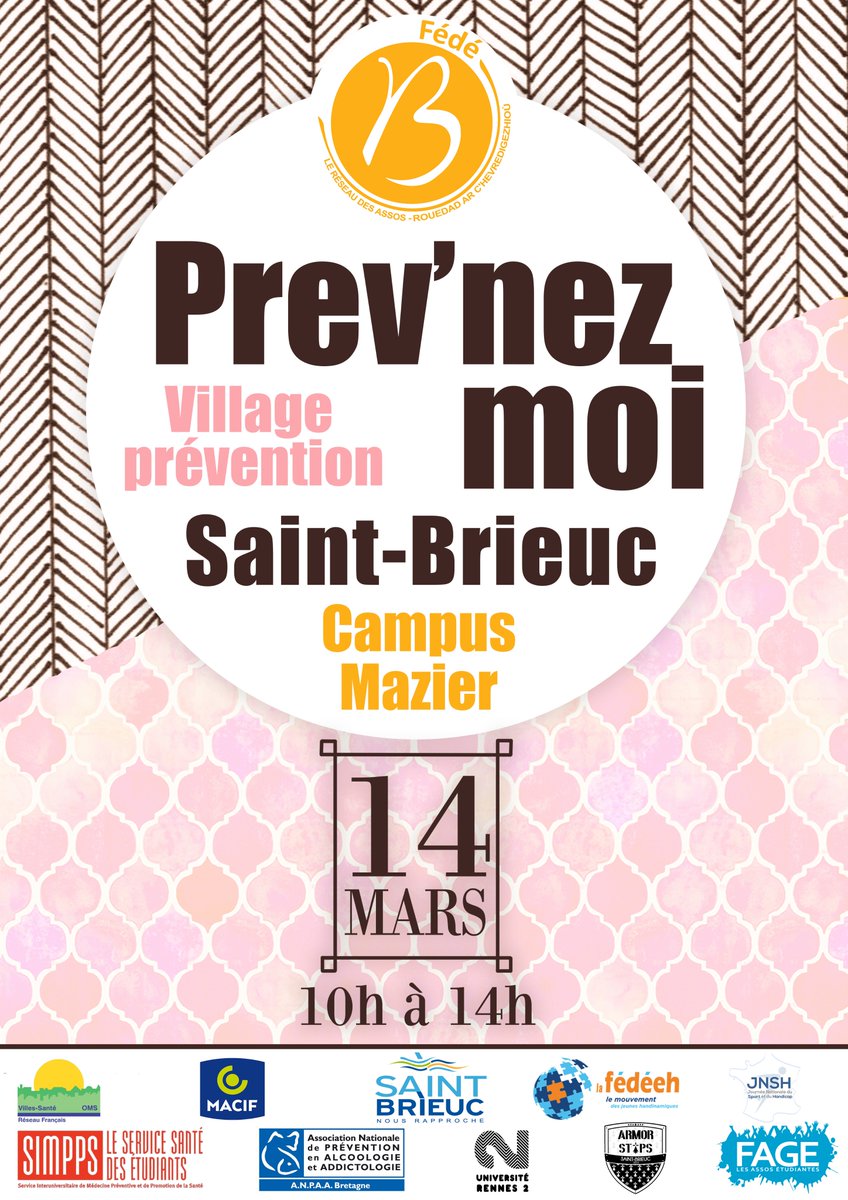 Prev'nez moi c'est demain de 10heures à 14heures au Campus Mazier de Saint Brieuc. Prev'nez moi, c'est le Village Prévention sur le handicap, le Bien-être étudiant et les conduites à risque, organisé par la FédéB ! Alors rendez-vous demain pour découvrir ça de manière ludique :)