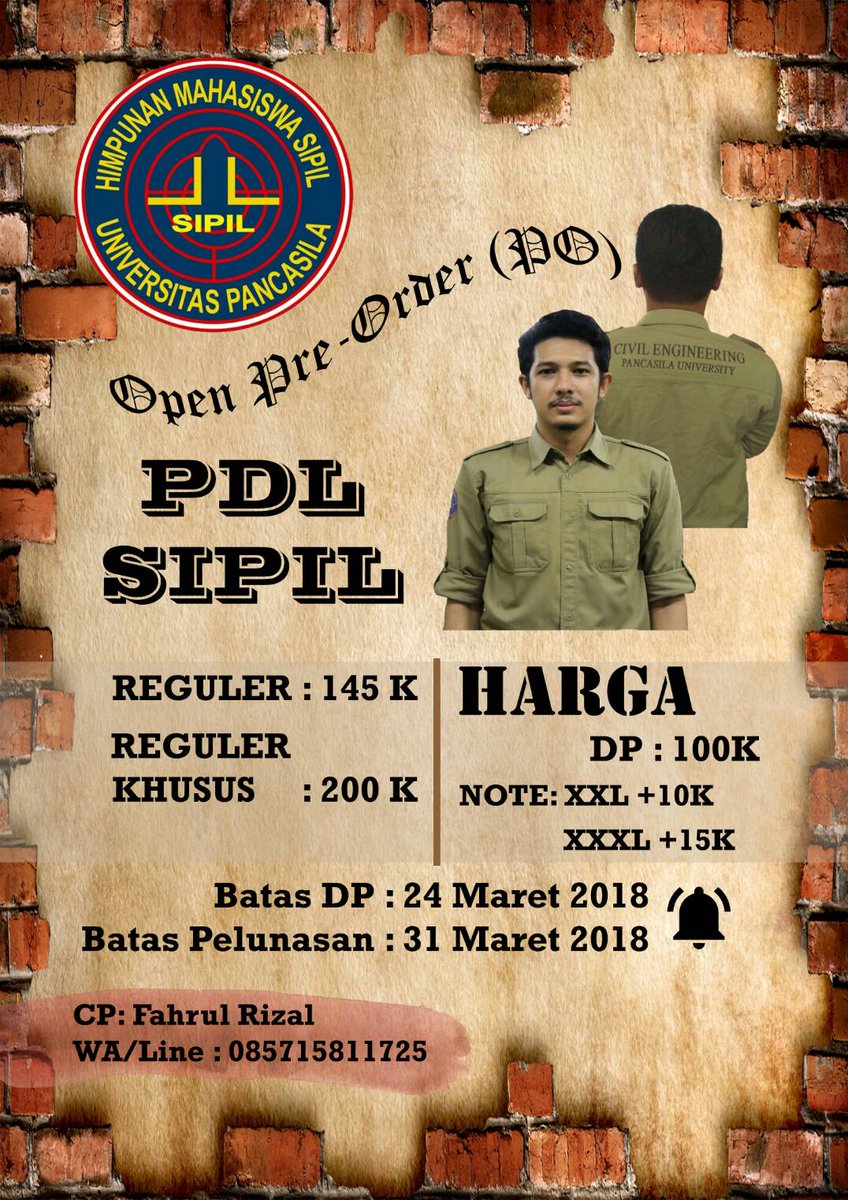 [OPEN ORDER PDL HMS]
Ukuran : S,M,L,XL,XXL,XXXL
Reguler: 145 K
Reguler Khusus: 200 K
Note :
Untuk ukuran XXL   + 10 K
Untuk ukuran XXXL + 15 K
pembayaran bisa dilakukan langsung atau transfer
For more information:
Cp : Fahrul Rizal
Wa/line : 085715811725