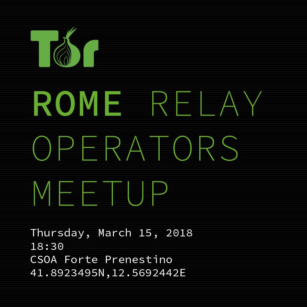 torproject's tweet photo. Relay operators! Join us in Rome for a meetup this Thursday. Location: 41.8923495N,12.5692442E
https://t.co/jHchzrtMHn https://t.co/Vc1NFUH0p0