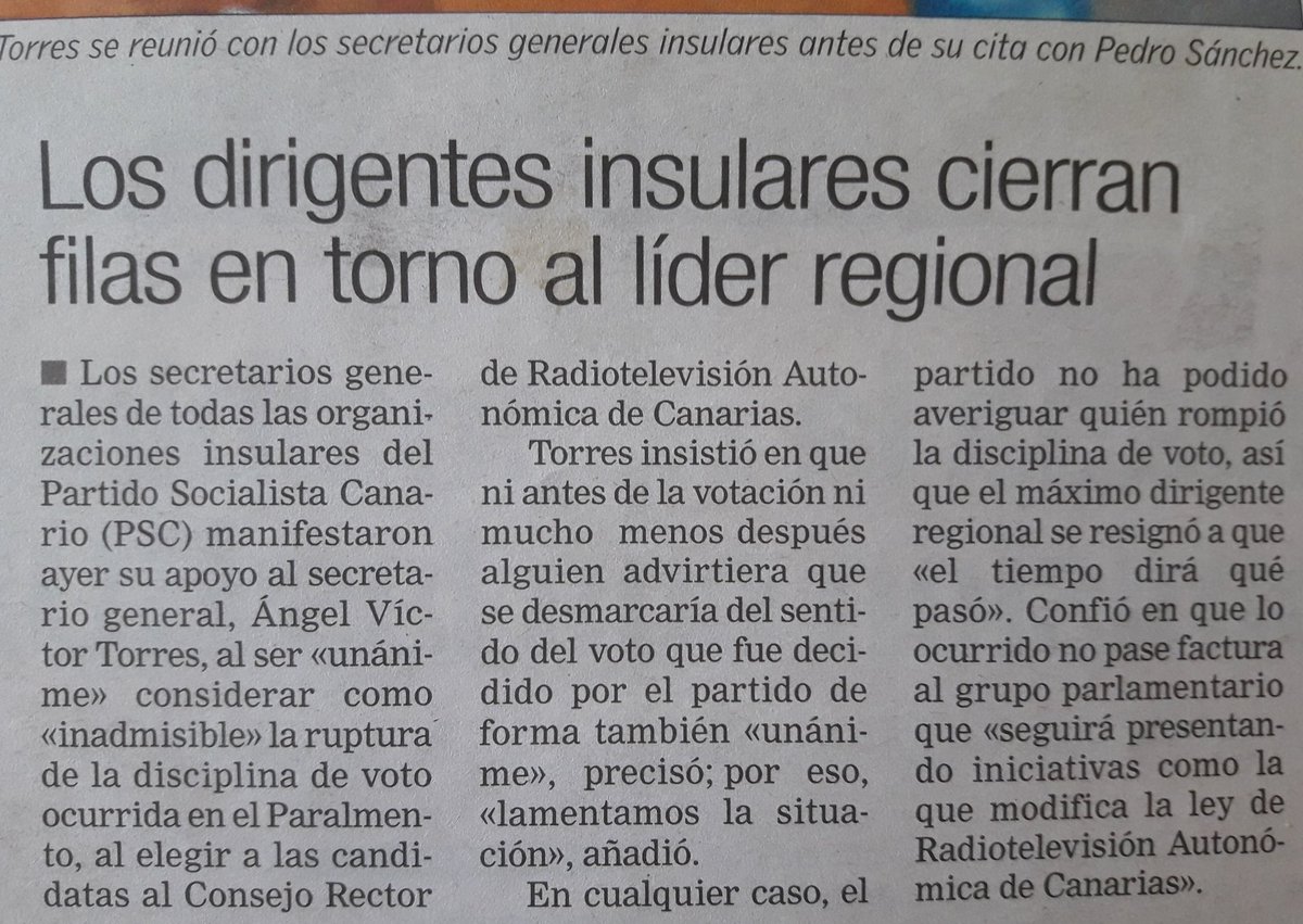 JacaPaca68's tweet photo. Pa mis chiquillos d @canarias7 parece ser q la noticia importante es q @avtorresp se pronuncie sobre el SG del PSOE lagunero, y no q los SSGG insulares cierren filas con el @PSOECanarias. Me recuerda a la caza d el @el_pais contra @sanchezcastejon. Desinformación empresarial. https://t.co/UrKEStrJHs
