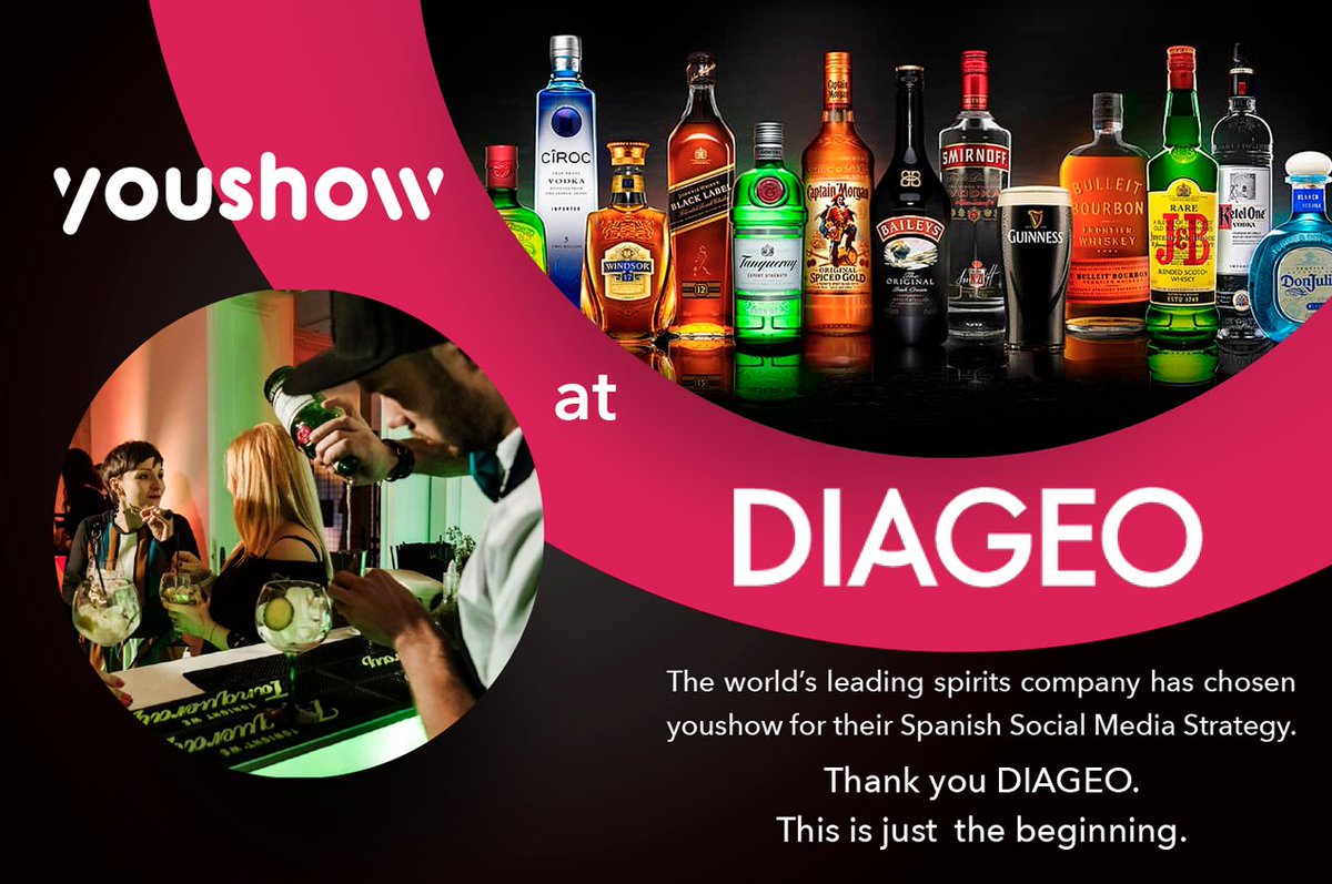 YouShowSpain's tweet photo. DIAGEO, the world’s leading spirits company, including renowned top brands such as Johnnie Walker, Bailey’s, Guinness or Smirnoff has chosen YOUSHOW for their Spanish Social Media Strategy. Thank you @Diageo_News . This is just  the beginning. https://t.co/qcUNZ0MpMm