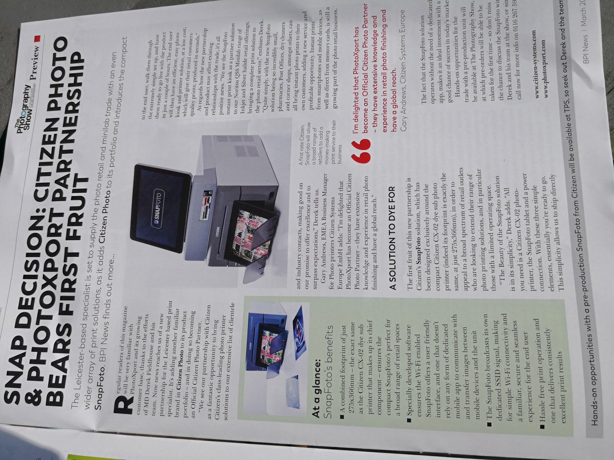 CitizenPhotoPr's tweet photo. Great to see #Citizen featured in @ukphotoshow preview edition of UK trade title @bpi_news
Take a look to read all about #Photoport and their new #SnapFoto solution that's built around the excellent #CX02 #Printer. https://t.co/6Q9N64NdLK