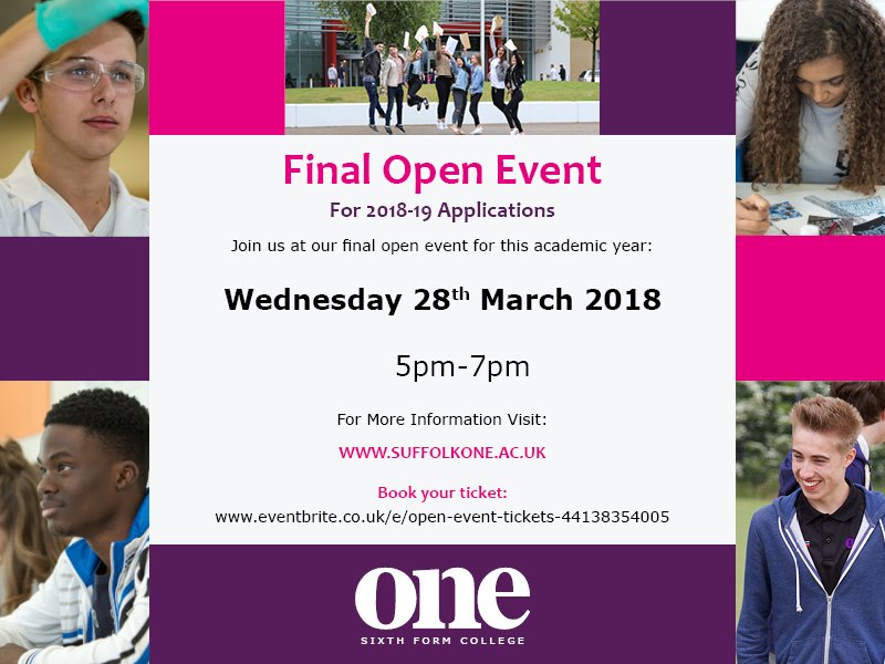 SuffolkOne's tweet photo. Open Event!
Join us for our final open event for 2018-19 applications! 
Take a look around our Ofsted rated Outstanding facilities and speak with staff about the diverse range of courses that we offer.
Book your ticket: https://t.co/Z27HsdWWXj https://t.co/1ILV3JDyf6