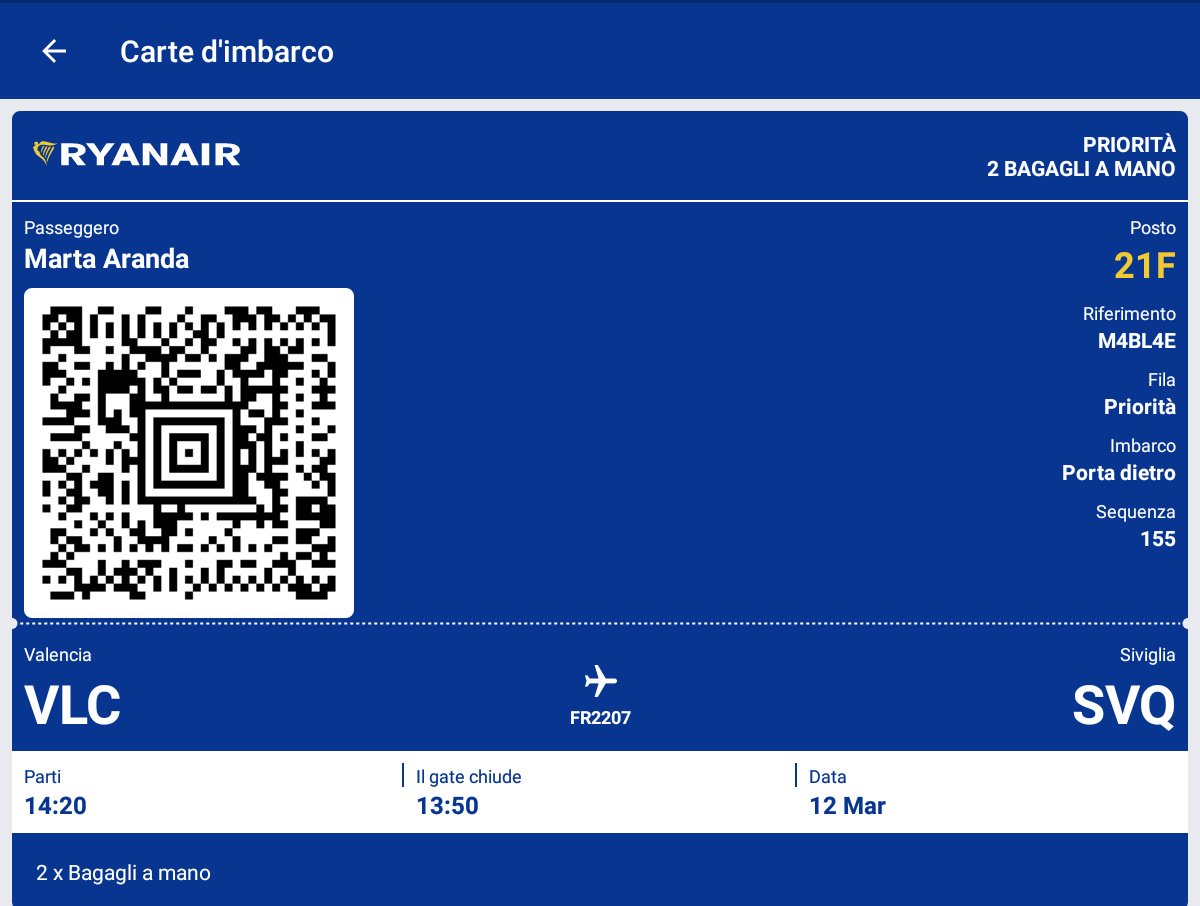 Maartarandaa's tweet photo. @Ryanair ME PARECE VERGONZOSO!! EL TRATO RECIBIDO LA INJUSTICIA QUE SE ME HA HECHO!! Aquí dejo constancia de #MiBillete Valencia-Sevilla con x2 Maletas de Mano y Prioridad. https://t.co/9mFFzbX6Fg