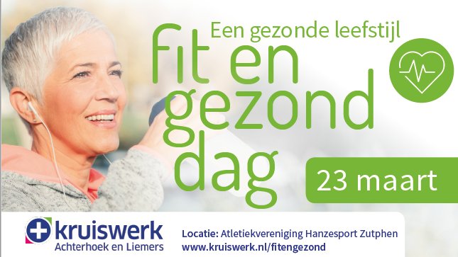 Zlimthuis neemt deel aan de Fit &amp; Gezond dag van <a href="/Kruiswerk/">Kruiswerk Achterhoek en Liemers</a>! Kom ook vrijdag 23 maart van 10.00 - 14.00 bij de atletiekvereniging in Zutphen. Entree gratis. Doe oa mee aan onze parcoursrace met Rollator Lea van <a href="/RobotCareSystem/">RobotCareSystems</a> en waag een sprong op de trampoline van <a href="/belliconNL/">bellicon Nederland</a>