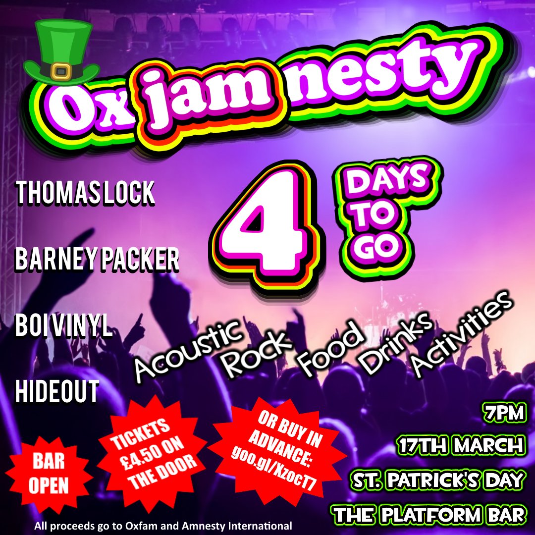 FOUR DAYS PEOPLE! You have 4 days to get your tickets for Oxjamnesty! <a href="/UoLOxfam/">UoL Oxfam</a> <a href="/LincolnAmnesty/">Amnesty at Lincoln Uni</a> Don't miss out on this huge charity event!