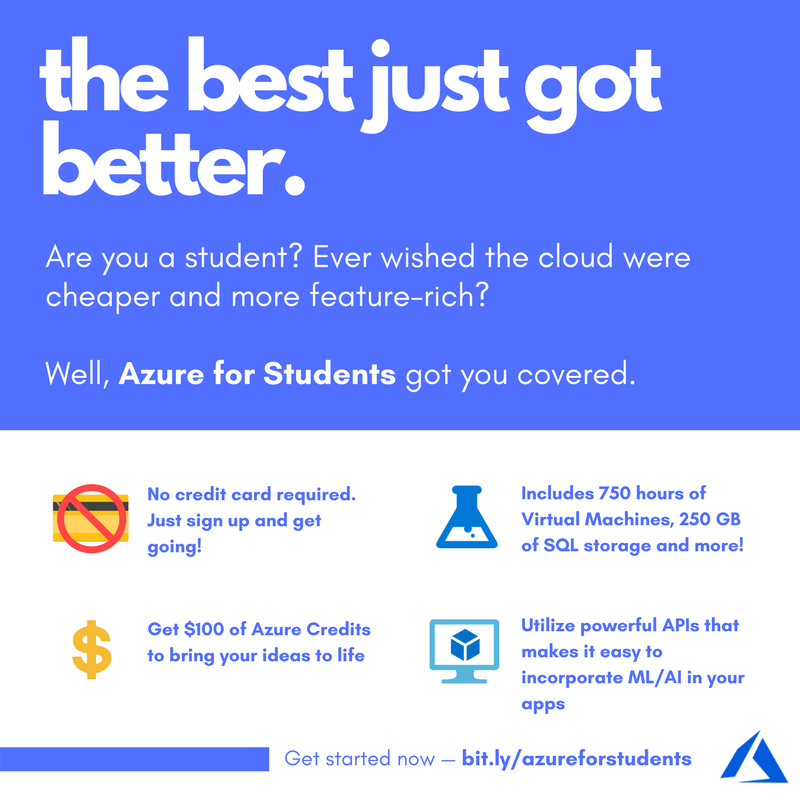 stcvit's tweet image. 🚫💳 No credit cards
💲 $100 worth of Azure
💻 750+ hours of VMs + SQL storage
👩‍🔬 Powerful ML/AI APIs

Dreaming? No we are not! This is the all new #AzureForStudents subscription! Get yours now at bit.ly/azureforstuden…