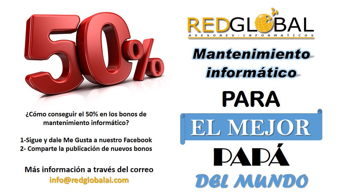 redglobalai's tweet photo. ¡Síguenos en #facebook y consigue un 50% de descuento en nuestros bonos de #mantenimientoinformatico ! https://t.co/AuLDWoFHTc