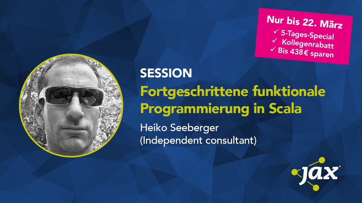 jaxcon's tweet image. Scala unterstützt verschiedene #Programmierparadigmen, darunter vor allem #Objektorientierung und funktionale #Programmierung. @hseeberger wird auf der #JAX2018 die Cats-Bibliothek mit Ihnen verwenden und zahlreiche #Codebeispiele anschauen. - ow.ly/mJzb30iR2Ed