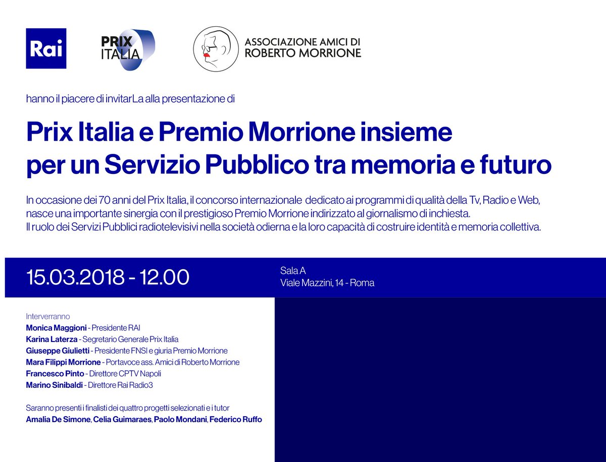 premiomorrione's tweet photo. Giovedi #15marzo in #Rai insieme al @PrixItalia presentiamo i finalisti della 7a edizione #under31 --> https://t.co/YWNM17DFvZ  #premiomorrione  @Raiofficialnews @RaiNews @marinosinibaldi @BeppeGiulietti @amaliadesimone @FedericoRuffo @viperaviola @reportrai3 https://t.co/PD2wuFOYZe