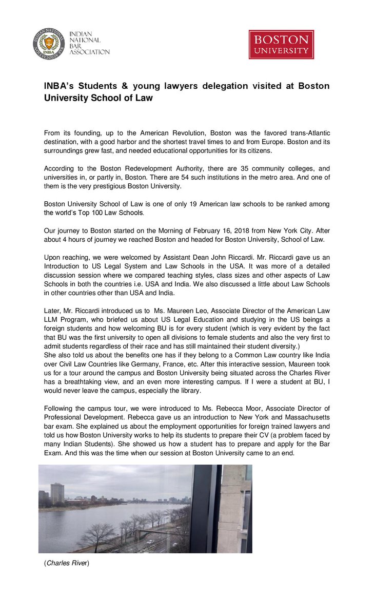 Indianbarassoci's tweet image. INBA’s Students &amp;amp; young lawyers delegation visited at Boston
University School of Law

Submitted by 
Bhooma Singh, Student Member, Indian National Bar Association and student of BLS  LLB, Rizvi Law College, Mumbai University

@BU_Tweets #LLMPrograms #INBABOSTON #BU