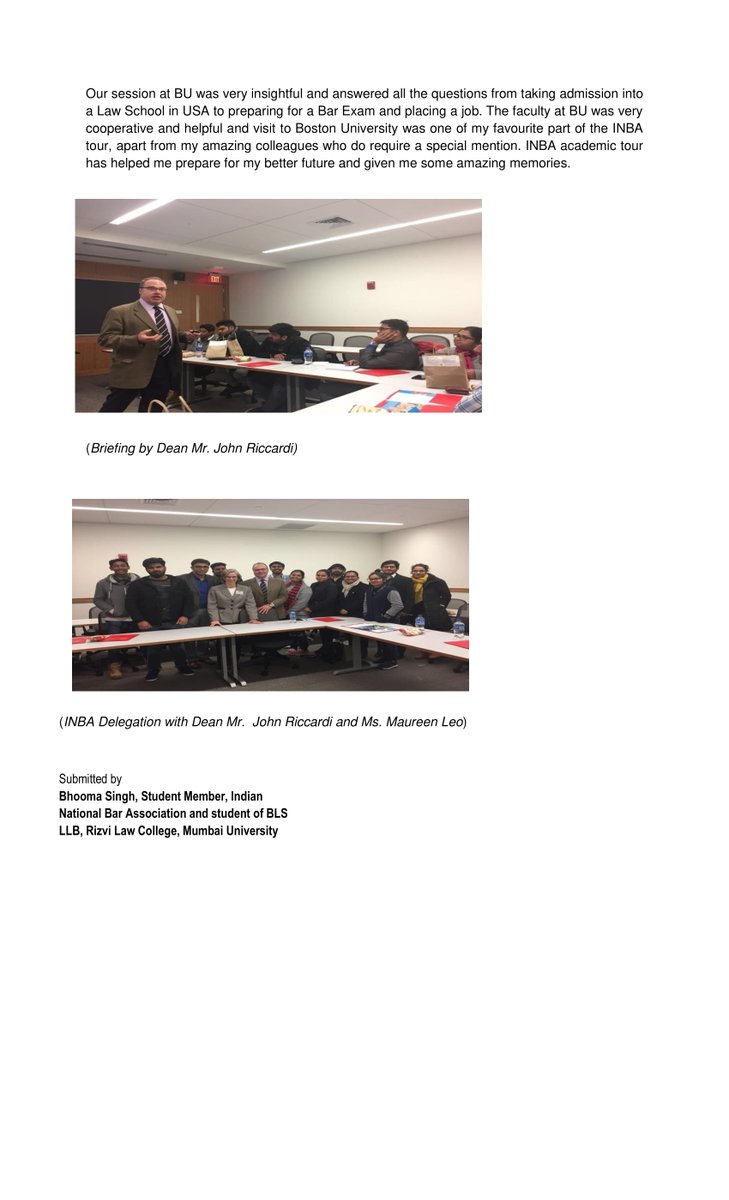 Indianbarassoci's tweet image. INBA’s Students &amp;amp; young lawyers delegation visited at Boston
University School of Law

Submitted by 
Bhooma Singh, Student Member, Indian National Bar Association and student of BLS  LLB, Rizvi Law College, Mumbai University

@BU_Tweets #LLMPrograms #INBABOSTON #BU