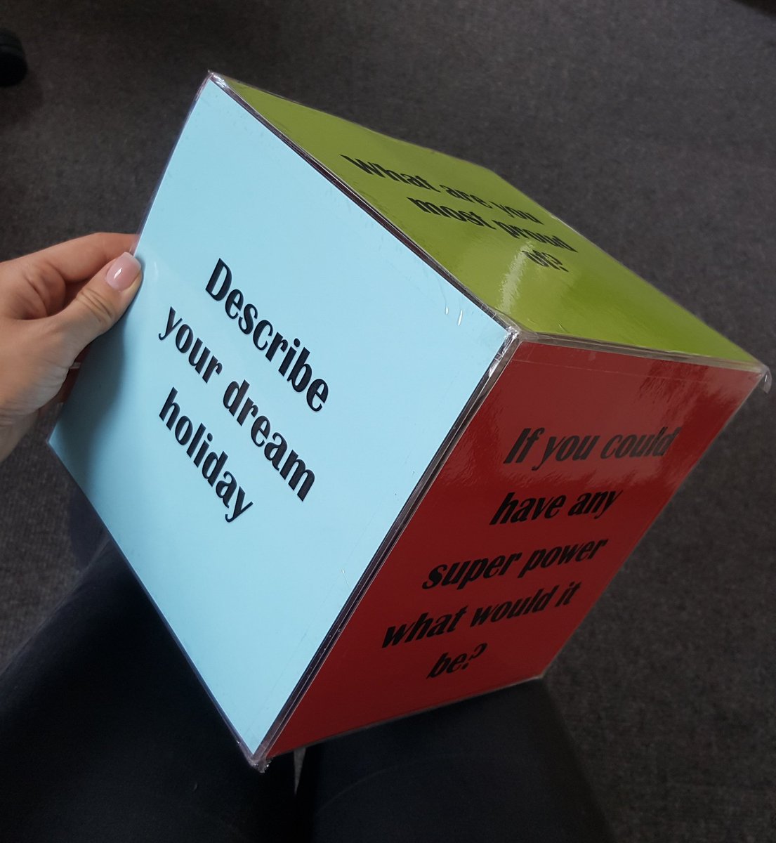 Just made a Question Cube for #OccupationalTherapy #safewards groups. Can't wait to use it with patients as a way to #knoweachother better on #mulberryward #gmmhot