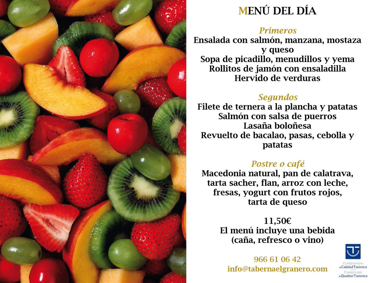 TabernaGranero's tweet photo. 📢¡A comer!📢 Nuestro menú del día viene completo, completo. Y por solo 11,50€ tendrás primero y segundo a elegir, postre y una bebida. https://t.co/8MM0FDcCyT