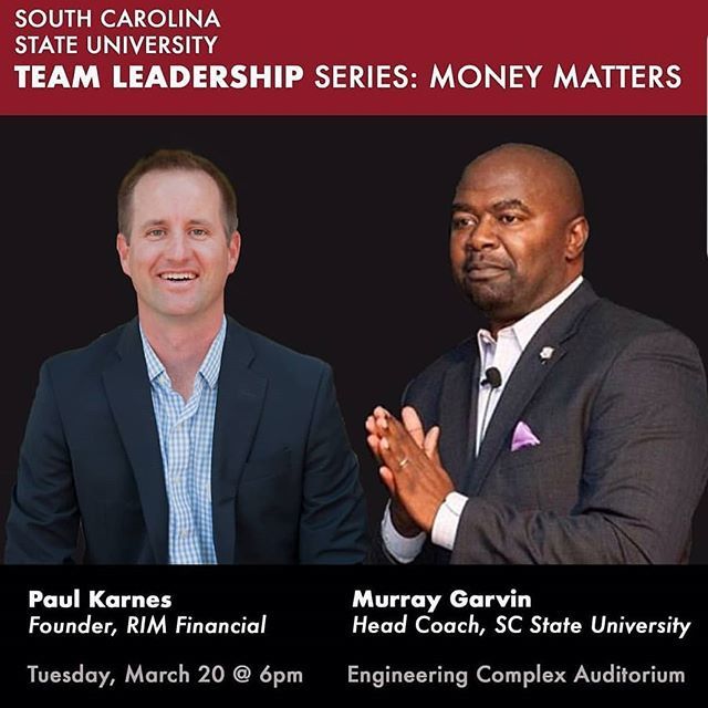 CoachM_Garvin's tweet photo. Excited to Co-Host with my friend @karnespaul of @meetattherim for a financial literacy session with our students here at S.C. State. Mark your calandar for next Tuesday! #TogetherWeWin #WeAreSCState #ItsBiggerThanBall #MoneyMatters #RimFamily https://t.co/tc2XEwPdrt https://t.co/lkebqGUGVD