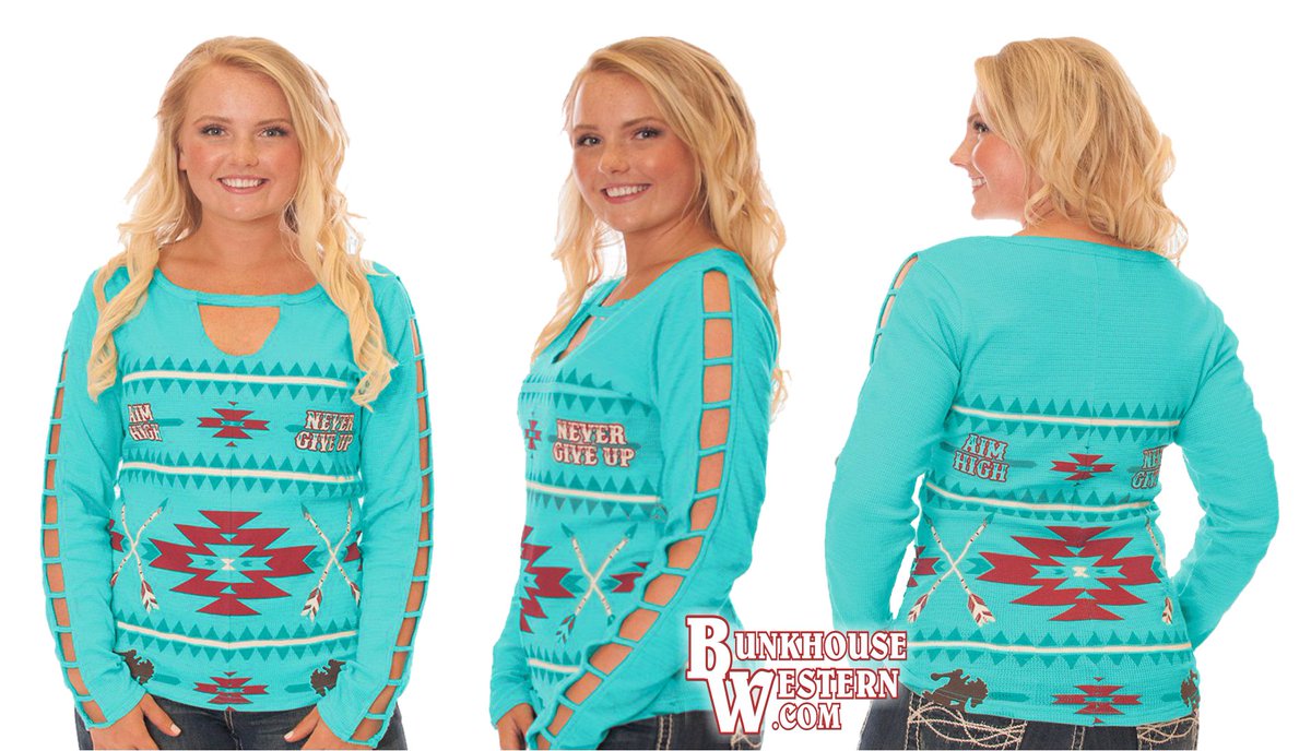 BunkhouseWest's tweet photo. NEW @cowgirltuffco Turquoise Thermal Long Sleeve Tee ($49.99) available in store or online at: https://t.co/t0bTJ2fFWK https://t.co/fzGTWhCMjD