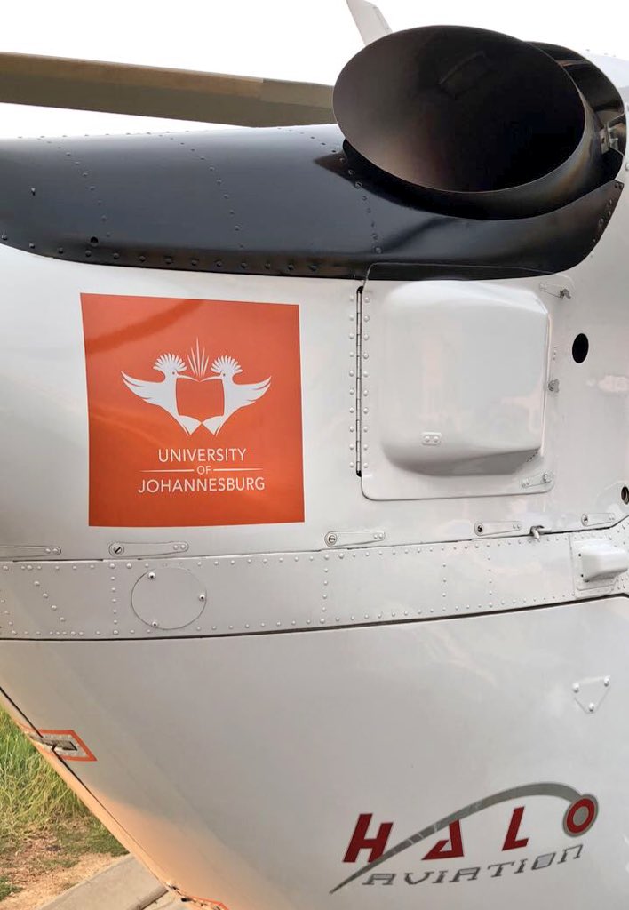 HALO_Aviation's tweet photo. HALO 1 safe on the pad at a Pretoria facility - patient delivered! Also sporting some new markings indicating our partnership and training programme with @go2uj #makingadifference #realhems https://t.co/edxETM4HcR