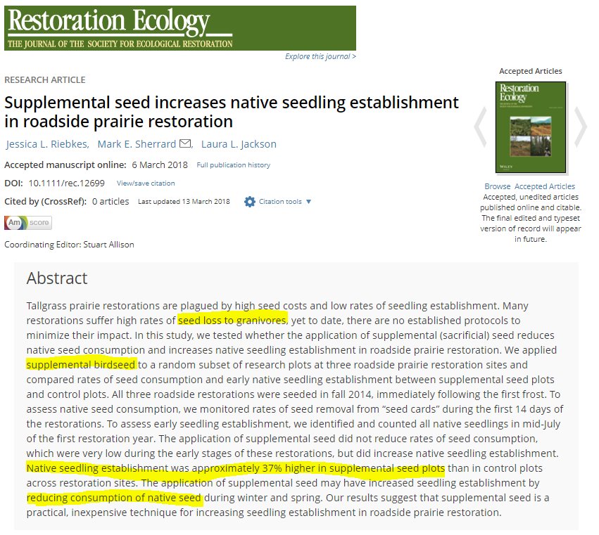 Increase success with native seed... by planting bird seed?  "practical, inexpensive technique" gives the granivores something else to eat:
onlinelibrary.wiley.com/doi/10.1111/re… <a href="/InfoInsr/">seed4restoration</a> <a href="/SERestoration/">SERestoration</a>