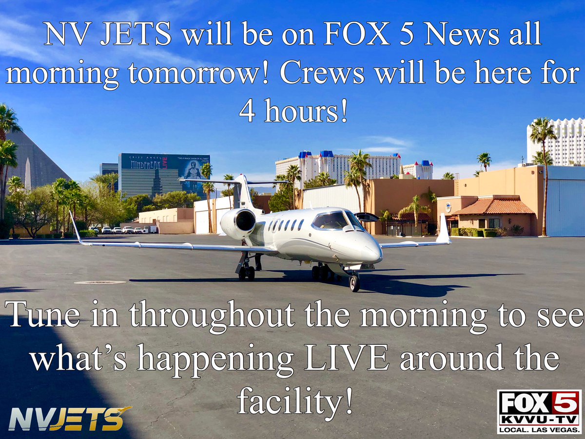 NVJETS's tweet photo. Tune in to @FOX5Vegas FOX5 Las Vegas throughout the morning show tomorrow for a LIVE look inside our #PrivateFacility in #LasVegas ! AOC Inflight Catering - Las Vegas will be on hand providing breakfast and a look at what you can expect when you book your flight with #NVJETS https://t.co/FwnEFyjPEE