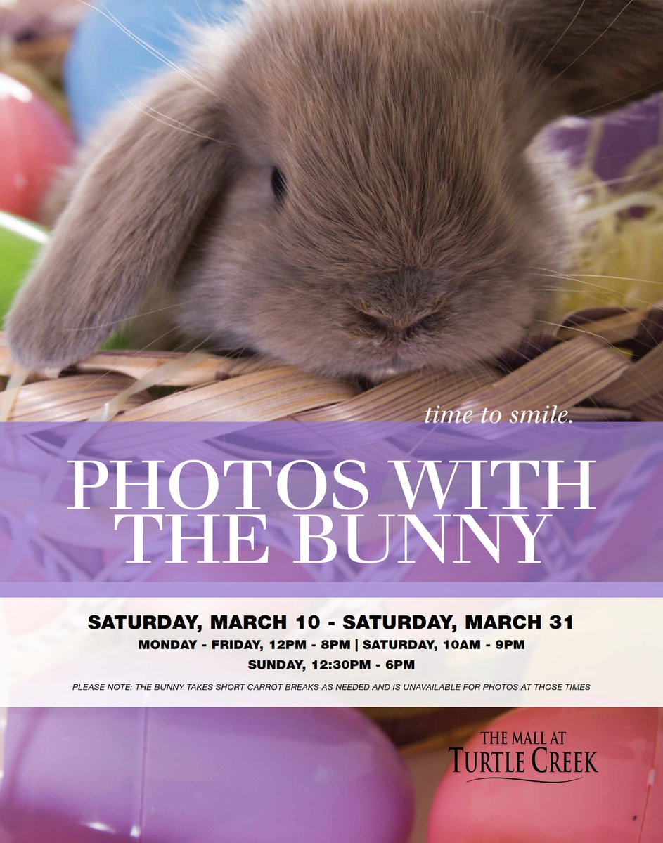 MallTurtleCreek's tweet photo. It's time for bunny photos at @MallTurtleCreek Stop by Center Court for a visit or to have your photo taken! #bunnyphotos #easter2018 https://t.co/dOIdS1ji50