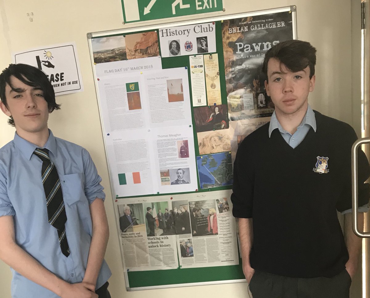 NorthMonHistory's tweet photo. Two of our students, Alex O’Connor &amp; Conor Sheehan putting up information on the #IrishTricolour &amp; #ThomasFMeagher preparing for Flag Day on the 16th March. Well done boys! @northmoncbs @CorkHTA @tfmf1848 #histedchatie #edchatie https://t.co/pzze9G3yoS
