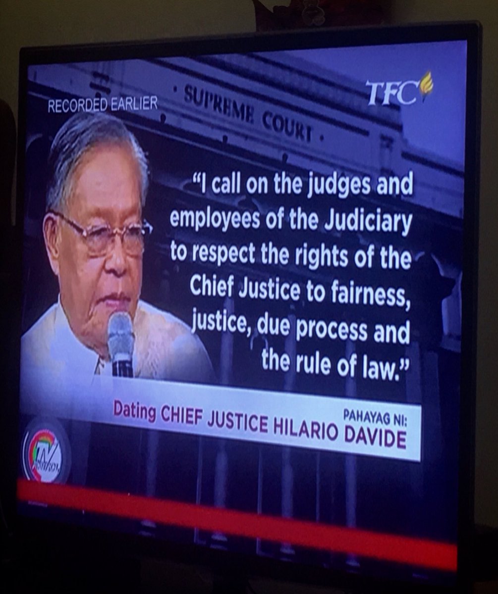 PunchTheLies's tweet photo. FORMER CJ HILARIO DAVIDE on CJ SERENO IMPEACHMENT: 

“I call on the judges and employees of the Judiciary to respect the rights of the Chief Justice to fairness, justice, due process and the rule of law.” 

#StandWithCJ 
#StandWithCJSereno 
#LabanCJ 
#JusticeInPH https://t.co/HiMTN7WG99