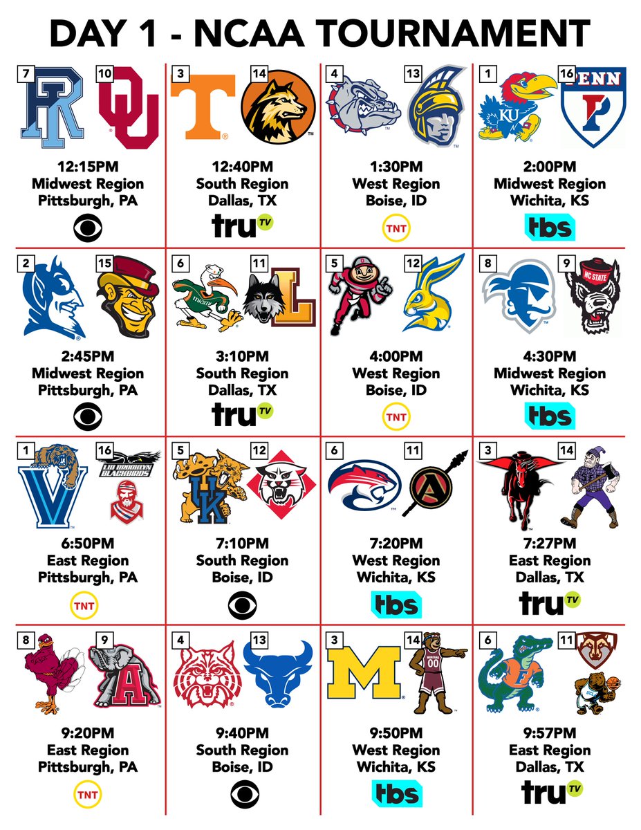JeffDLowe's tweet image. I make these handy #NCAATournament schedules every year for the first round with tip-off times and channel logos.

You need to be a woke enough fan to know the logos, however. Enjoy.