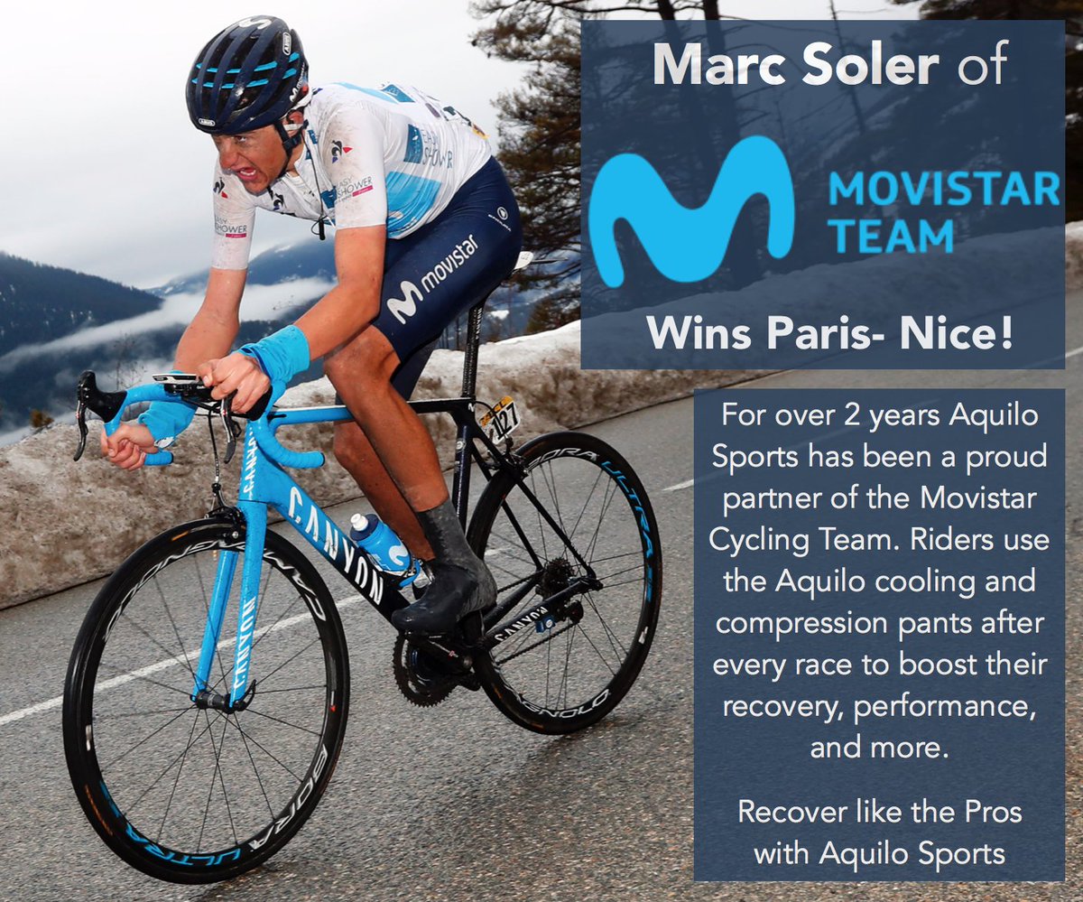 AquiloSports's tweet photo. A huge congratulations to @solermarc93 and @Movistar_Team for a stunning 1st place finish in the Paris-Nice! This young Movistar rider overtook Simon Yates in the final stage to secure the win by 4 seconds! https://t.co/wTip13h1b3
