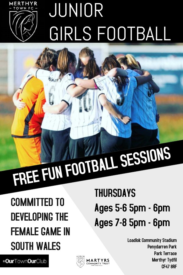 MTFC_Community's tweet photo. Brand New FREE Football Sessions For Girls Aged 5-8 years old!

After the huge success of our @MTFCWomen's team, we are looking to develop the next generation of players!

Starts This Thursday 15th March - 5pm - Penydarren Park 

#ThisGirlCan #FootballForAll https://t.co/Z6n67MqHf5