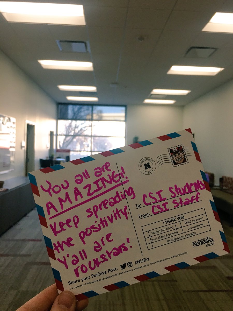 UNLStrengths's tweet photo. CSI students & friends- you are all outstanding! We’ve moved into the next round, “the final four”, of the #CoBpositivepost madness bracket!! Keep spreading your positive vibes and sending these positive posts out to #NUBiz and beyond! 👏🏼🎉 #UNLStrengths https://t.co/6XS99icKYn