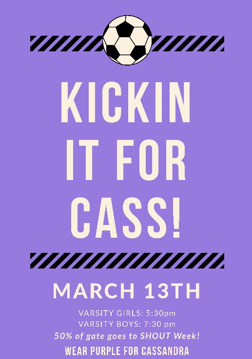 SHOUT_Week's tweet photo. Come out to the soccer game tonight! Varsity girls start at 5:30 and Varsity boys start at 7:30! ⚽️⚽️ #1LOVEFORCASS https://t.co/R3oVAIFeCj