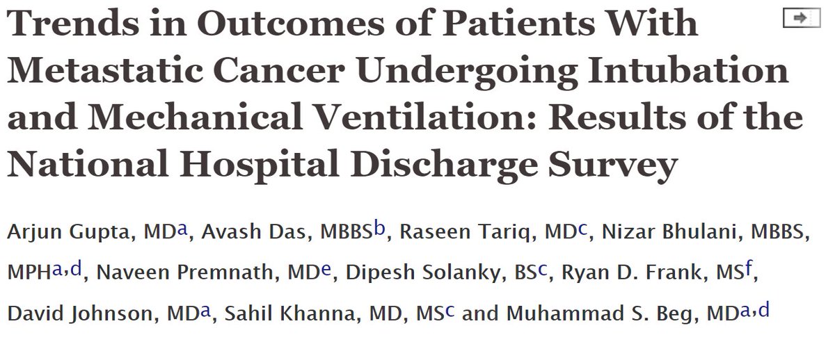 Our study in @JNCCN: national in-hospital outcomes of pts w #MetastaticCancer undergoing intubation did not improve from 2001-10. Inpt mortality 57%, LOS 11 days! Early #PalliativeCare needed. 
With @ShaalanBeg @dhjutsw1 @Khanna_S
jnccn.org/content/16/3/2…