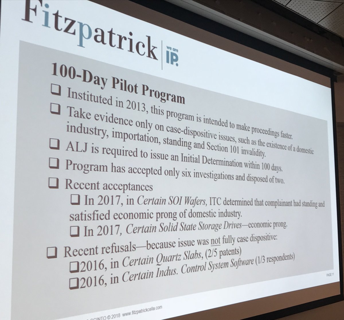 Managing IP (@managingip) on Twitter photo Douglas Sharrott of <a href="/FitzpatrickIP/">Fitzpatrick</a> discussing ITC 100 day pilot program at #USPatent2018. Says only 6 investigations accepted so far. "And just because it is faster does not make them cheaper in any way" Douglas Sharrott of <a href="/FitzpatrickIP/">Fitzpatrick</a> discussing ITC 100 day pilot program at #USPatent2018. Says only 6 investigations accepted so far. "And just because it is faster does not make them cheaper in any way"