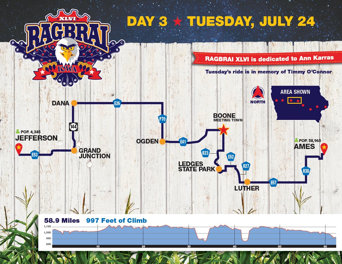 RAGBRAI_IOWA's tweet photo. Here is the complete route from Jefferson to @AmesRAGBRAI - The route travels 58.9 miles with just 997 feet of climb https://t.co/sbrLeKOFYh https://t.co/gcWzjctNPd