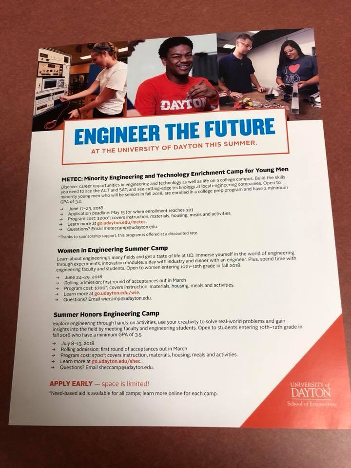 Jeffhigh_CCR's tweet photo. University of Dayton offers a wonderful Engineering Camp for men &amp; women during the summer. 

METEC - Young Men https://t.co/UZBBsSpiJJ

Women in Engineering Summer Camp https://t.co/l3kLpg8D3F

Summer Honors Engineering Camp https://t.co/qF5TNsjOzf https://t.co/rxoh05YmZw