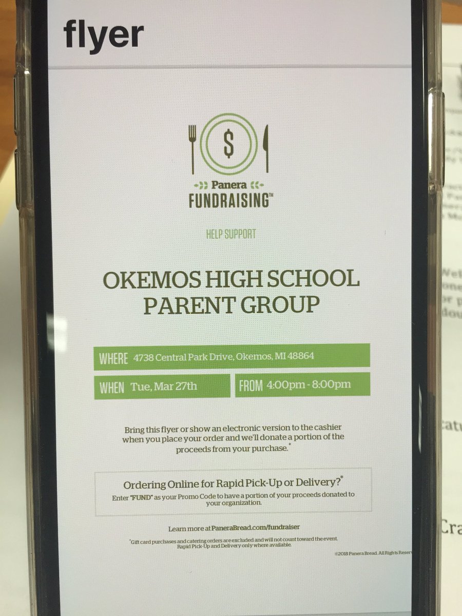 ChristineSermak's tweet photo. Mark your calendar (must have the flyer too)...March 27 between 4-8pm at Panera (funds go to OHS Post Prom)!!! #okemosCHIEFS https://t.co/UiNOtscTwk