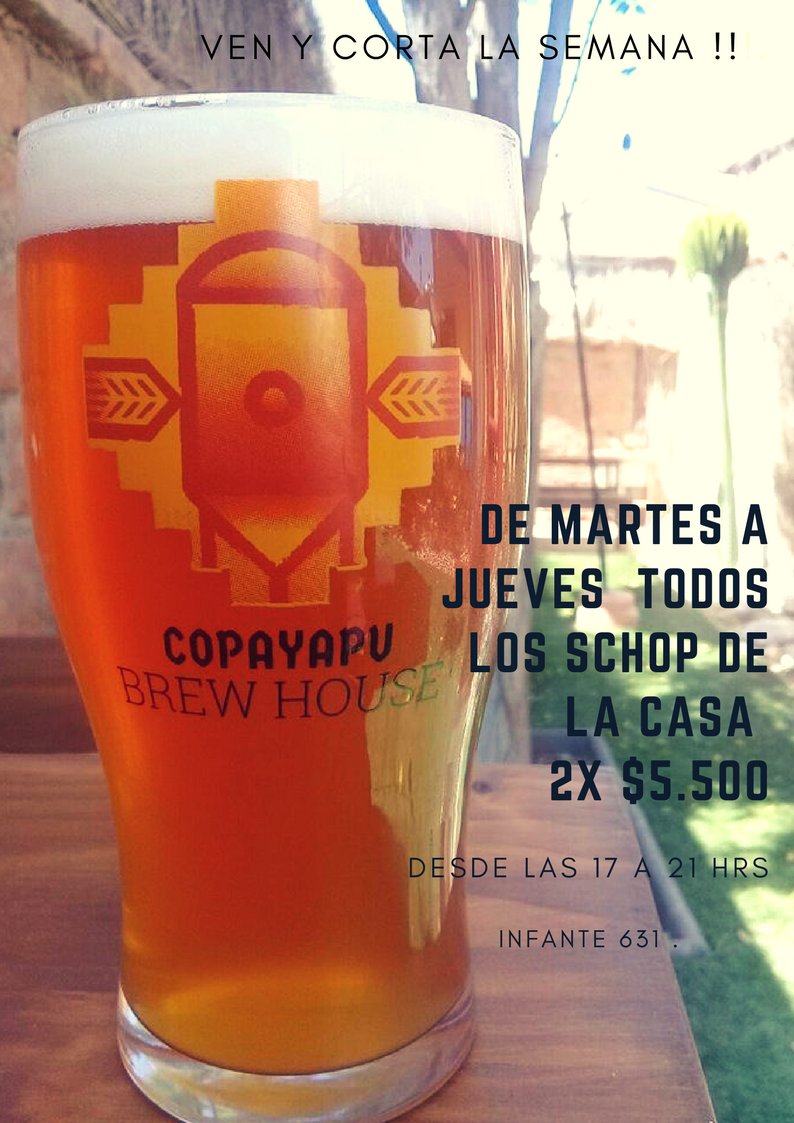 Desde hoy en <a href="/CopayapuB/">Copayapu BrewHouse</a> todos nuestros schops
en promoción 2 x $5.500 de 17 a 21 hrs... martes a jueves.
Anda por tu promo.

#craftbeer #bebelocal #acortalasemana