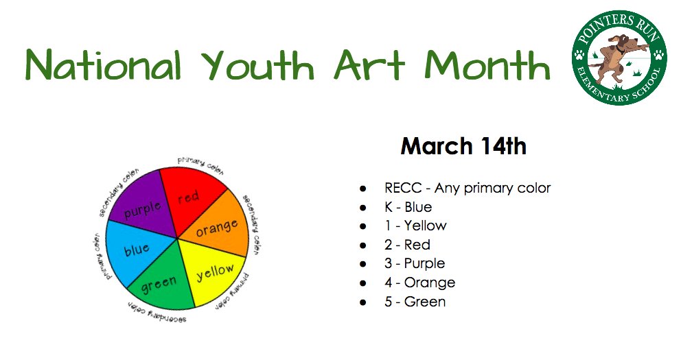 It is #nationalyouthartmonth and we are celebrating TOMORROW by wearing primary & secondary colors. Each gr has been assigned a color!