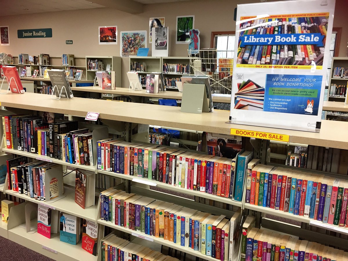 KountzeLibrary's tweet photo. Stop by and check out the new e-x-p-a-n-d-e-d Used Book Sale section at Kountze Public Library. 
We've tripled the space and there are lots of items for sale!
The used book sale fundraiser is sponsored by the Friends of Kountze Public Library and every item is just a quarter! https://t.co/QMGBpW0XrM