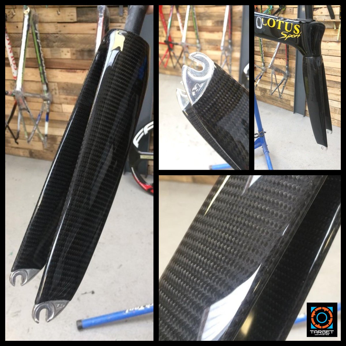 Replica #Lotus110 forks finished off. Frame needs some attention next and a new seatpost mount fabricating. Always a pleasure working on what has got to be the most iconic bike of the 20th century. 
#carbon #carbonbikerepair #carbonfinish #rawcarbon #lotus #lotussport #bikeporn