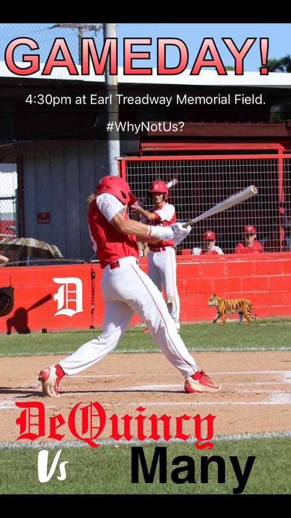 DQTigers's tweet photo. BIG GAMEDAY ALERT!!๐จ๐จ๐จ๐จ
Today your #5 DeQuincy Tigers will face the #1 Many Tigers at 4:30pm at Earl Treadway Memorial Field! @DeQuincyHigh_SS PACK. THE. HOUSE!!! @KPLC7Sports we hope yโall are able to make it for this one! #WeAreDeQuincy #WhyNotUs? #JustWinBaby #BeatManyโพ๏ธ https://t.co/2DsxCGSR11