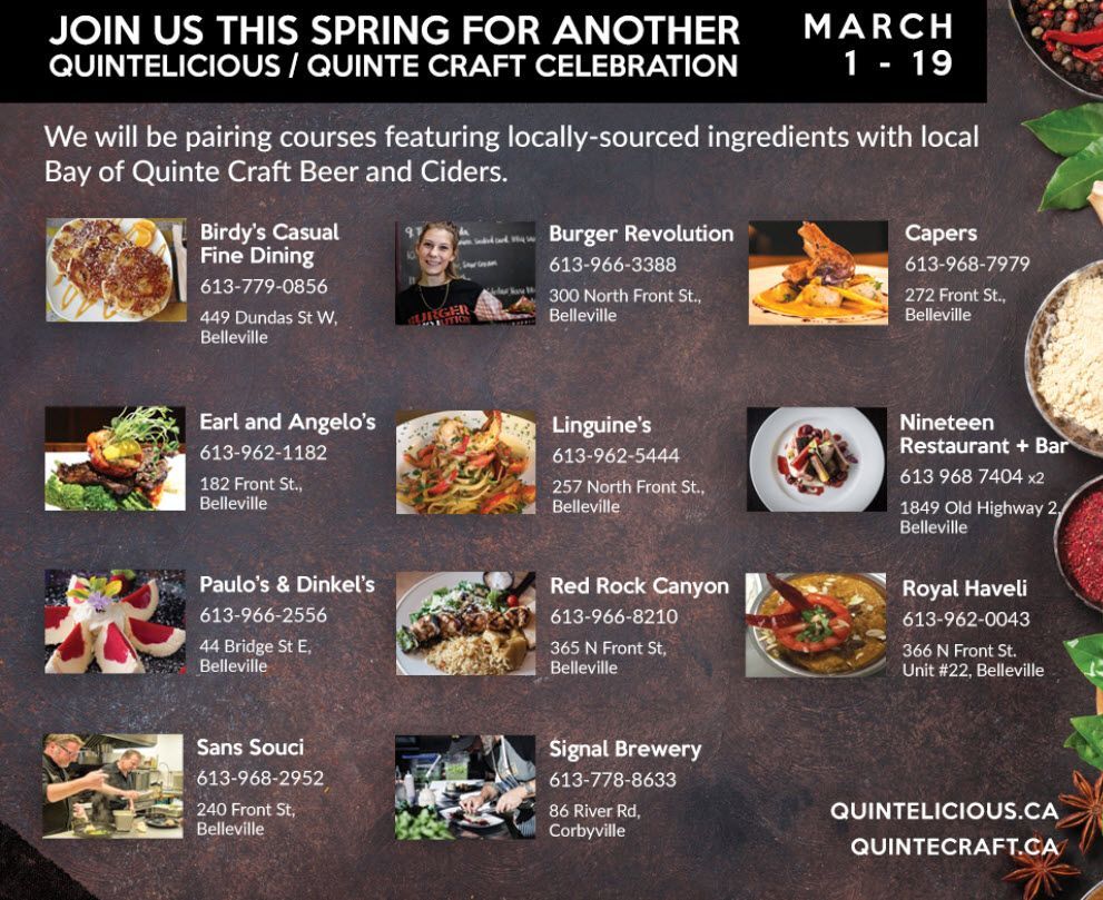 Quintelicious: Quinte Craft March 1-19.  Local Craft Beer infused with Local Fare for a 3-course meal from $17-40.  See the menus buff.ly/2ouzbXU #QuinteLicious #QuinteCraft #BayofQuinte #Belleville #Localfood #craftbeer #Cider