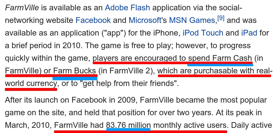 FarmVille had 83,760,000 monthly active users and _not a single one_ was subjected to KYC/AML to exchange fiat for FarmBucks or FarmCash. Why not? What happened to that money? Why weren't FinCEN or SEC all over that game as they are on ICOs? No one can explain this adequately.
