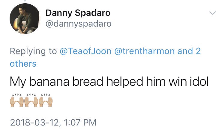 TeaofJoon's tweet photo. #AmericanIdol winning formula Secrets Revealed! Did @dannyspadaro s #bananabread #recipe help @trentharmon win American Idol?!? They both have pretty good recipes #lookemup 🥧 #YouGotEmAll https://t.co/t9JBemLeJE